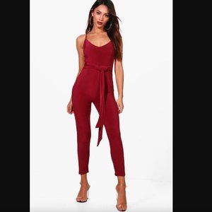 Women's Red Petite Tie Waist Strappy Jumpsuit